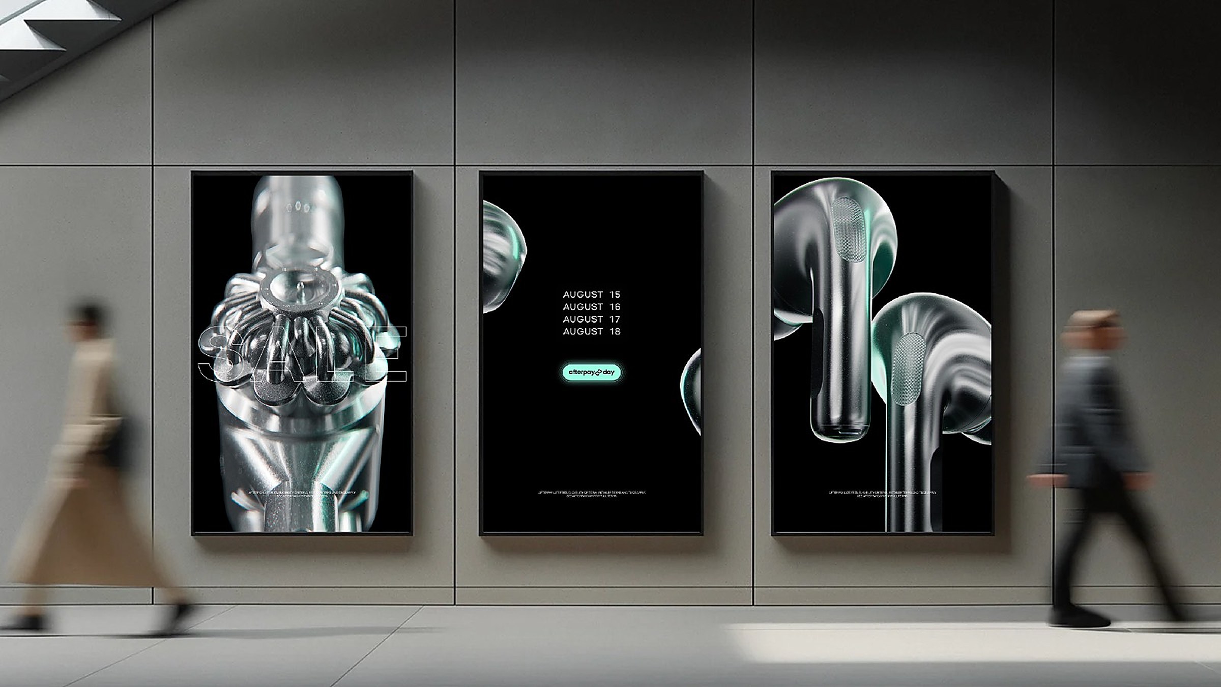 Three digital posters in a walkway showing chrome product renders and the Afterpay Day dates
