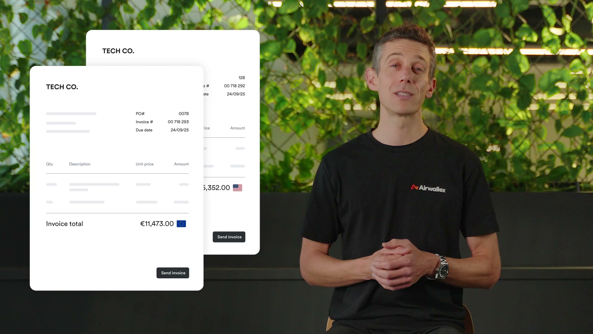 Airwallex presenter beside two invoice screens totalling in euros and US dollars