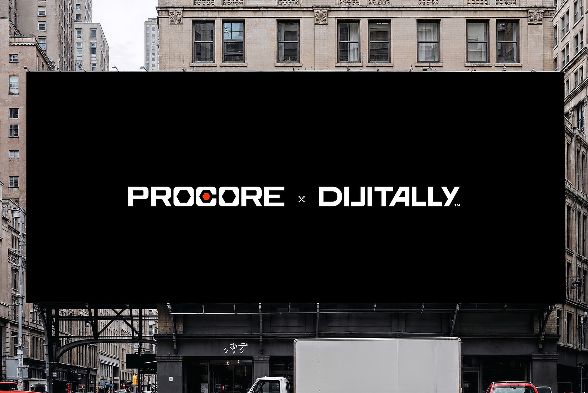 Procore and Dijitally logos locked up on a black billboard above a city street