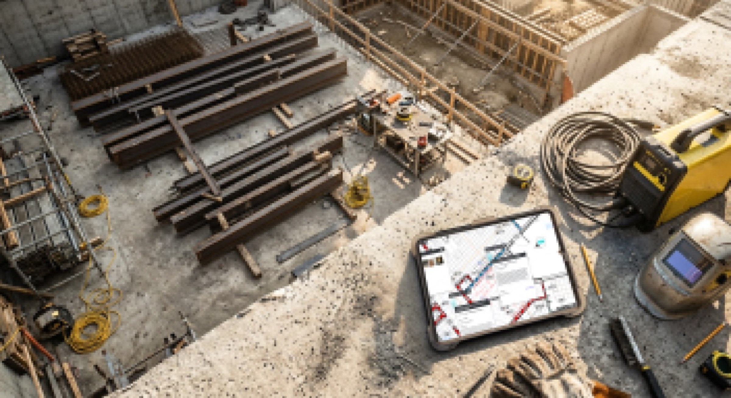 A tablet showing Procore site plans, resting on concrete among steel beams, cabling and tools