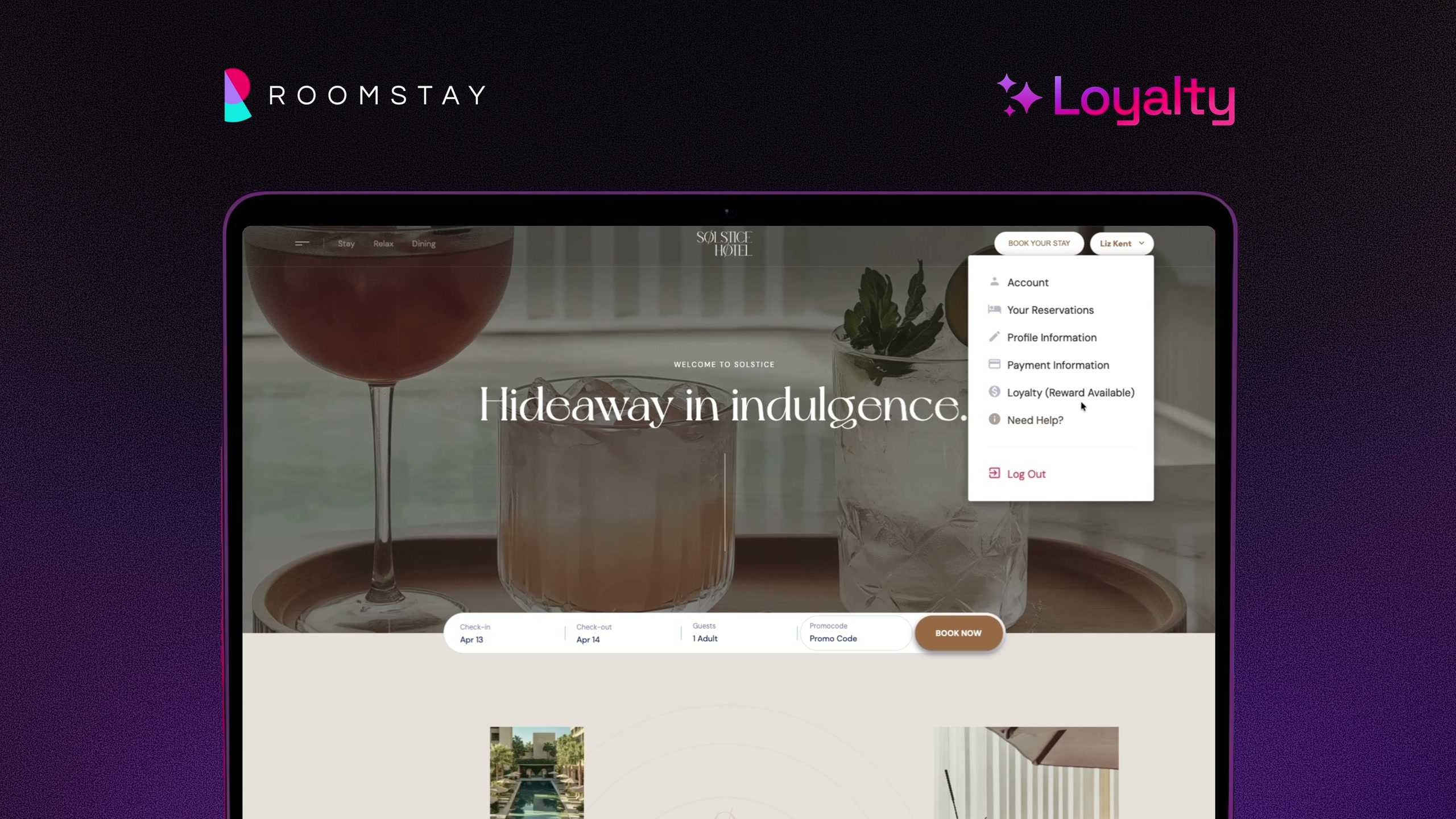 Roomstay Loyalty: a hotel booking page with the guest account menu open